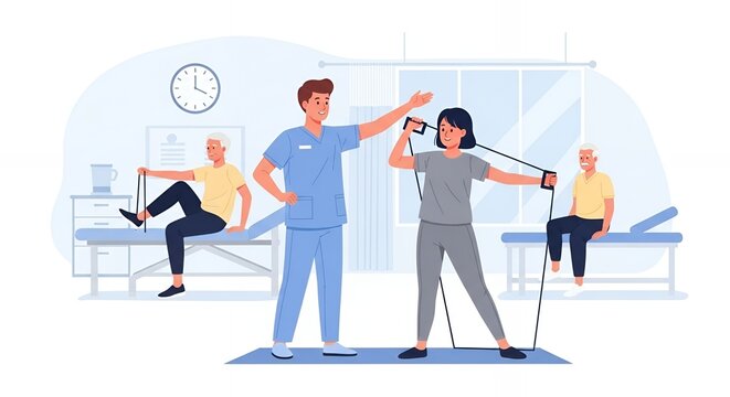 Physical Therapist Assisting a Woman with Resistance Band Exercise in a Bright Clinic Setting with Two Senior Men in the Background Demonstrating Rehabilitation and Care