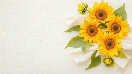 Photorealistic sunflower print on a gently draped linen textile. The design features a muted pastel palette for a vintage feel, isolated on a white background.