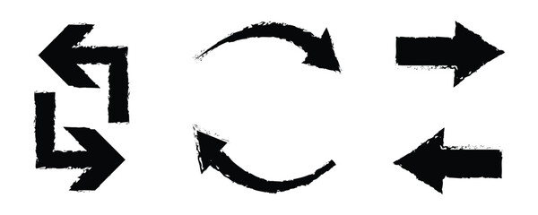 Vector grunge arrow. Curved and straight brush stroke. Hand drawn wavy and zigzag arrow set. Black grunge sketch arrow collection. Hand drawn arrows. 