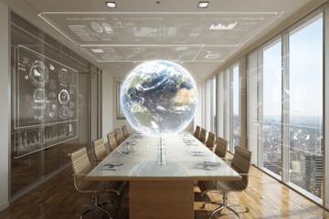 Modern Conference Room with Globe and Digital Data Interface