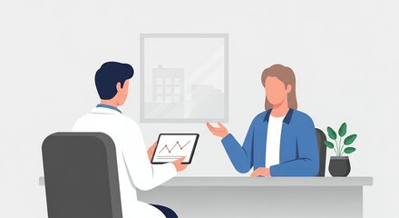 Pixel Art Doctor Presenting Graph Data to Patient on Tablet in White Office with Plant and Desk