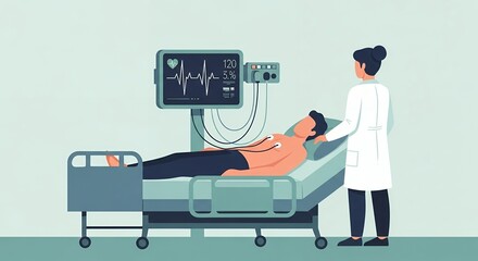 Pixel Art Illustration of Man Undergoing Medical Stress Test with Healthcare Professional and Monitoring Equipment in Hospital Setting