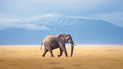 Powerful  elephant bull strides confidently through Amboseli dry grasslands, gazing into the camera lens, with Mount Kilimanjaro faintly visible in the background.