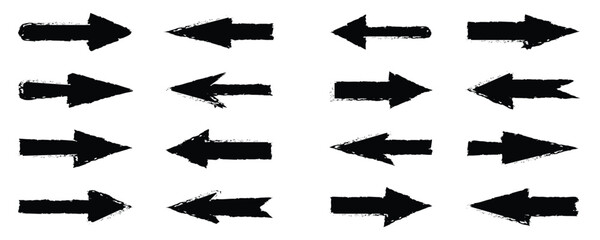 Arrow grunge set. Directional arrows with grunge texture. Vintage arrow button isolated on white background.  Doodle sketched pointers and direction lines. Curved and straight brush stroke. 