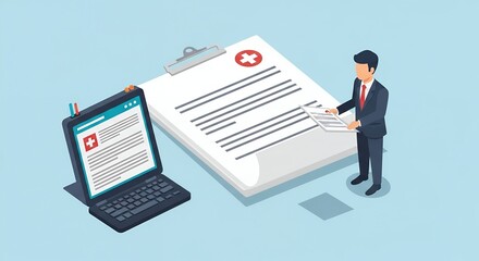 Pixel Art Medical Review with Man in Suit Examining Healthcare Documents and Laptop Displaying Medical Report on Pale Blue Background