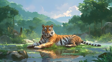 Powerful male tiger in Ranthambore National Park laying in vibrant green plants under gentle first rain showers, symbolizing the start of monsoon in this wild Asian sanctuary.