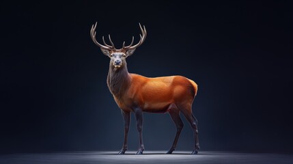 Red deer stag staring directly into the camera, its powerful antlers and alert gaze emphasized by moody lighting and a dark black background.