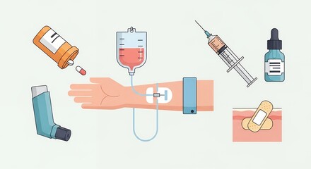 Pixel Art Medical Treatment Illustration Featuring Iv Drip Syringe Inhaler and Medication with a Light Backdrop Showing Healthcare Treatment and Equipments
