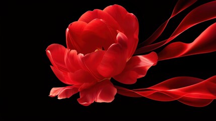 Red tulip petals glowing against a black background, with artistic shadows and detail--suitable for seamless floral photo patterns.