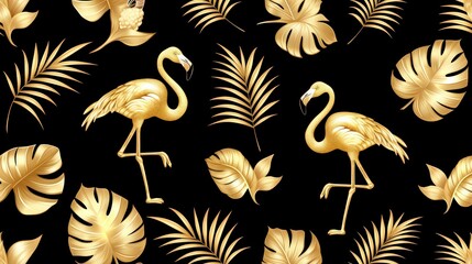 Seamless black background with golden bird flamingo and lush gold palm leaves, designed for premium art decor and luxe interiors.