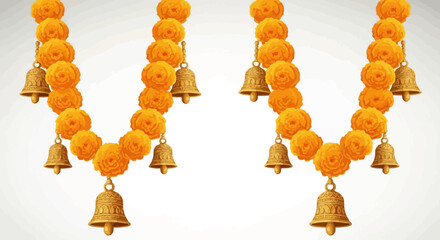 Festive marigold flower garlands adorned with gold bells on a clean background