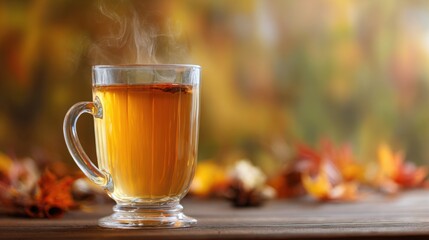 Steaming apple cider in glass mug, autumn leaves blur, simple cozy drink perfect for fall warmth.
