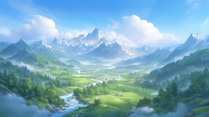 Serene mount valley view with lush green slopes, a winding river below, and morning mist rising through the peaks. Perfect for modern Plexiglas decor.