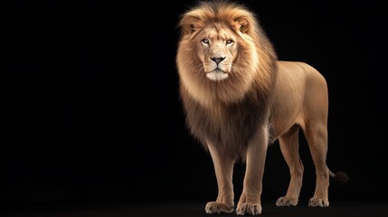 Striking lion portrait in low light, face partially illuminated, surrounded by deep shadows with dramatic contrast and room for copy on the dark side.