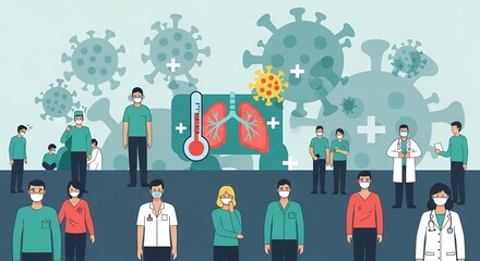 Pixelated Illustration of Masked People with Lung Diagram and Thermometer Displaying Virus Icons in a Light Blue Background Flat Design Medical and Public Health Thematic