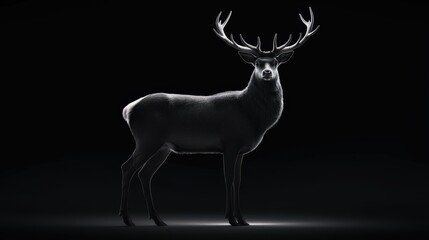 Studio-style image of a deer standing confidently against black, its form sharply outlined by directional lighting, evoking elegance and quiet power.