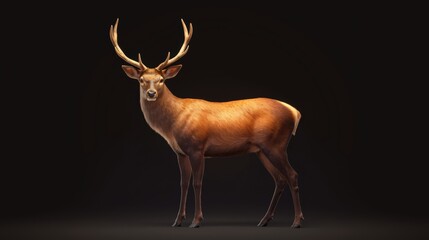 Studio-style image of a red deer, side profile lit softly to reveal detail in the fur and antlers, set against a clean black background.