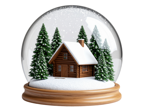 Classic Christmas snow globe with miniature winter village and falling snowflakes isolated on transparent background PNG