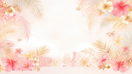 Stylized tropical wallpaper with pale pink and beige watercolor palms, soft gradients and line art composition for elegant Plexiglas photo design.