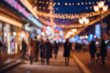 Blurry night city street scene, festive lights