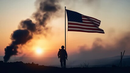 Powerful soldier silhouette standing strong with American flag against fiery battlefield sunset, symbolizing resilience and national pride