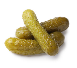 Tasty pickled cucumbers on white background