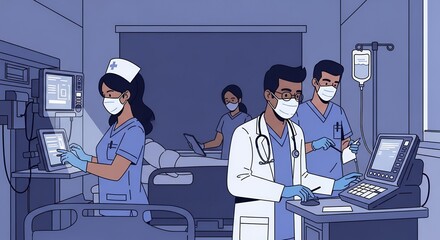 Pixelated Medical Night Shift with Doctors and Nurses in Blue Scrubs and Masks Tending to Patients in a Hospital Room During Night Shift