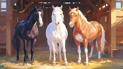 Three cheerful horses with amusing smiles posing inside their stable, capturing the joyful spirit of equestrian life and the bond between riders and their horses.