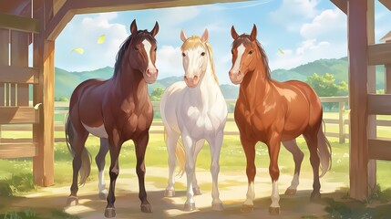 Three cheerful horses with amusing smiles posing inside their stable, capturing the joyful spirit of equestrian life and the bond between riders and their horses.