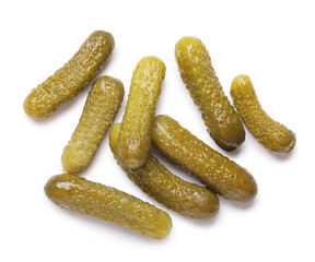 Tasty pickled cucumbers on white background