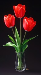 Vibrant red tulips with velvety petals illuminated against a deep black background, standing tall in vertical composition for elegant modern wall decor.