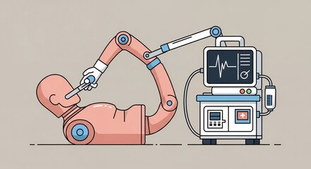 Robotic Arm Performing Medical Procedure on Mannequin with Monitoring Device Illustration in Flat Art Style Soft Colors and Outlined Figures Medical Training Simulation