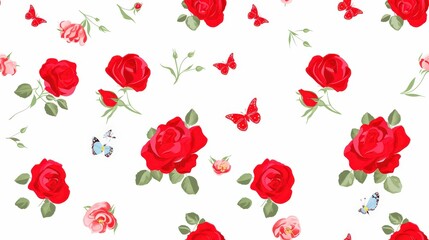 Vintage-inspired seamless wallpaper design with deep red roses and fluttering butterflies on bright white, ideal for decor, textiles, and packaging.