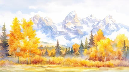 Watercolor painting of golden autumn trees at the foot of majestic mountains, soft brushstrokes and warm tones, printed on plexiglass for a glowing art effect.