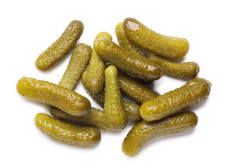 Tasty pickled cucumbers on white background