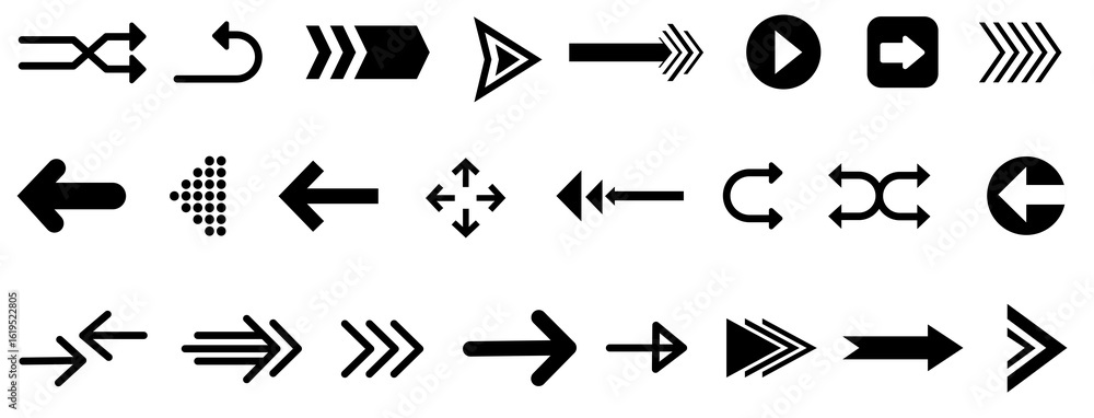 Poster collection of black arrow icons. arrows pointing in various directions. bold arrow designs. arrows f