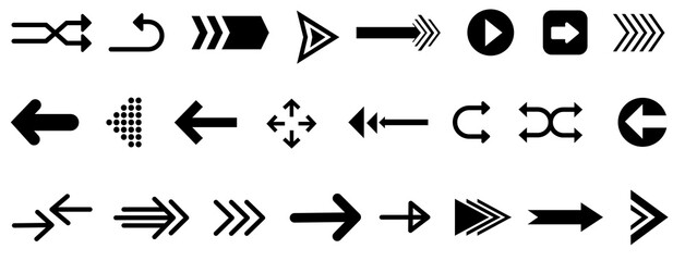 Collection of black arrow icons. Arrows pointing in various directions. Bold arrow designs. Arrows for navigation. Diverse arrow styles for design use. Element vector set