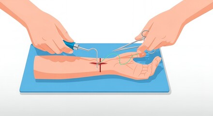 Suturing Medical Illustration of a Wrist Procedure Showing Incision and Surgical Tool Use on Blue Pad Precise Medical Depiction of Health Care and Surgical Technique