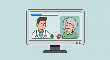 Telehealth Consultation Featuring Doctor and Elderly Woman Displayed on Computer Screen in Pixel Art Style on Light Blue Background