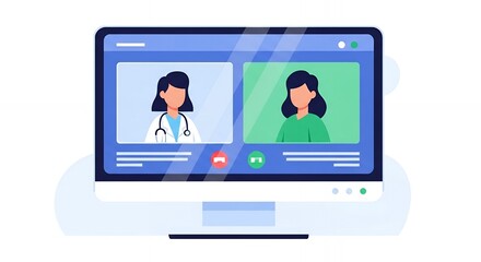 Telehealth Consultation on Computer Screen Depicting Doctor in White Coat and Patient in Green Shirt Against Clean White Background