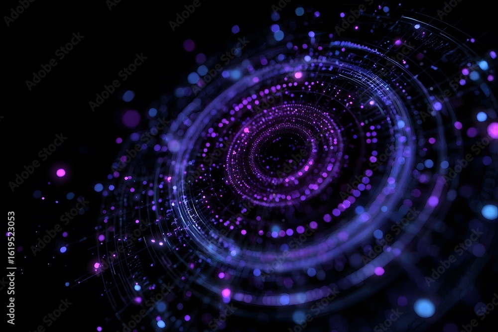 Poster abstract digital background with blue and purple circular patterns on black, representing data flow 