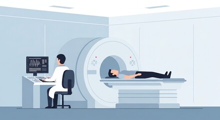 Vector Illustration of Patient Undergoing MRI Scan with Attending Medical Professional in Light Blue Clinical Setting