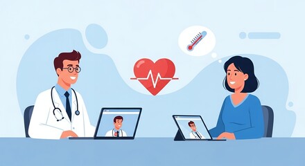 Virtual Healthcare Illustration of Doctor Consulting Patient Online with Red Heart and Digital Thermometer Against a Light Blue Background