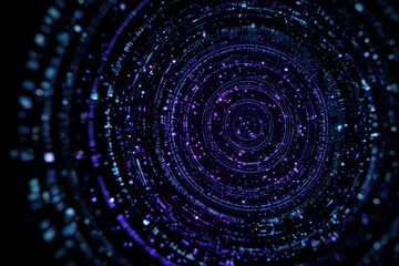 Abstract digital background with blue and purple circular patterns on black, representing data flow or cyber technology.