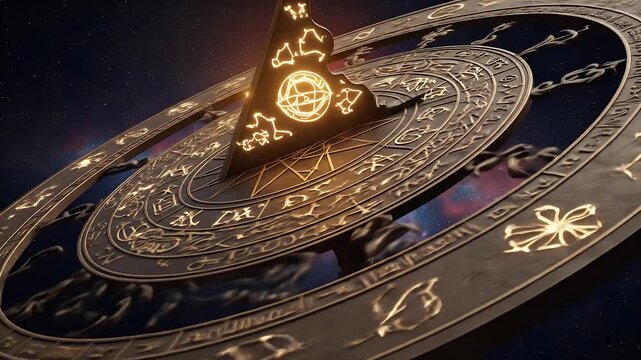 Mystical astrolabe spinning amidst the stars, revealing ancient secrets and celestial movements in the cosmos, bringing astrology to life
