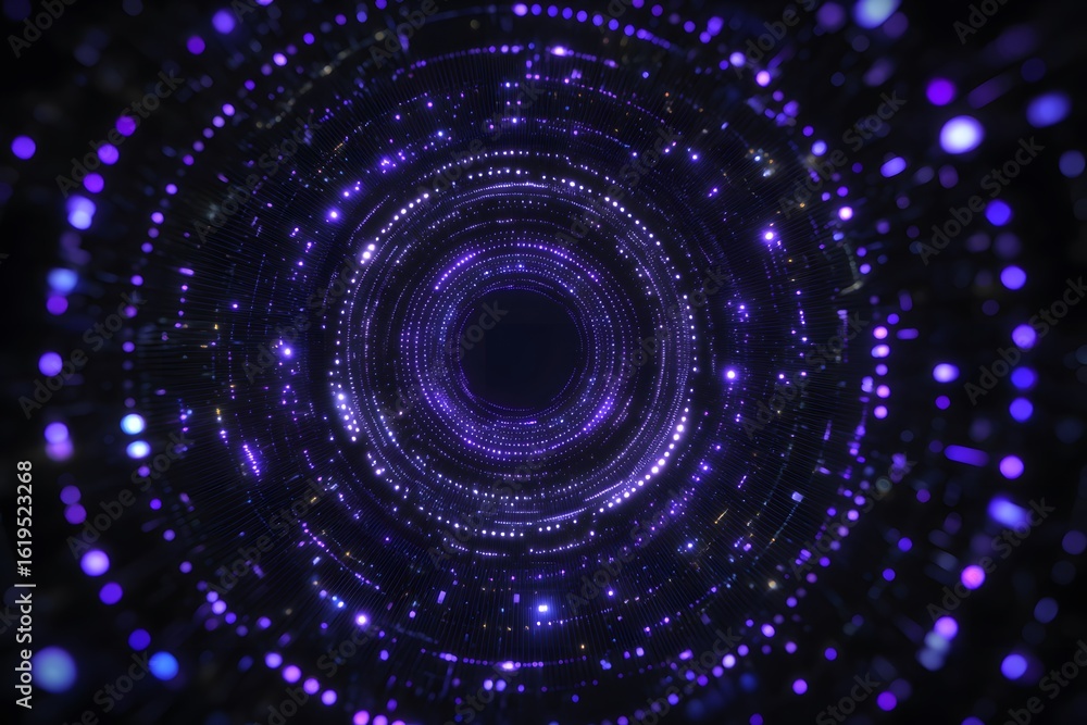 Poster abstract digital background with blue and purple circular patterns on black, representing data flow 