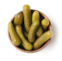 Wooden bowl with tasty pickled cucumbers on white background