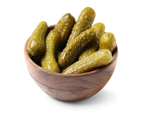 Wooden bowl with tasty pickled cucumbers on white background