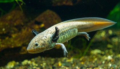 Fototapeta premium An aquatic amphibian with mottled skin and feathery gills swims in a dimly lit tank