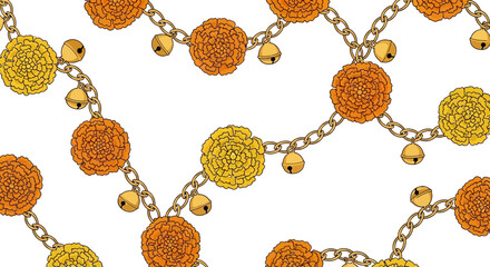 Elegant marigold chains with golden bells seamless pattern for cultural festival themes and